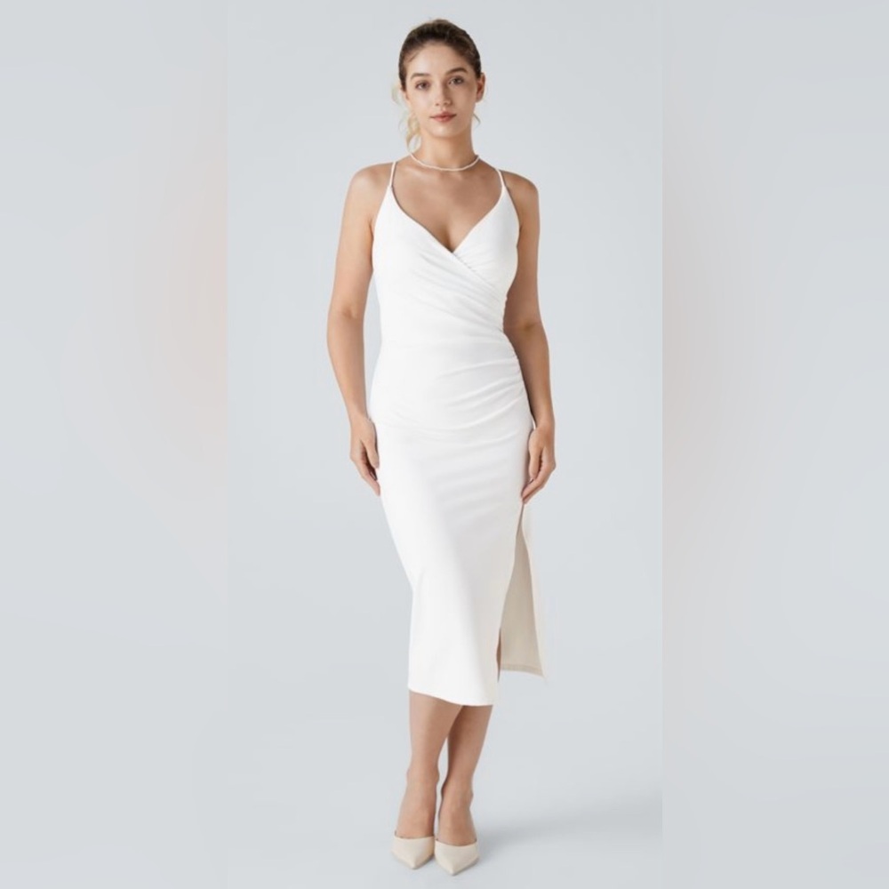 HALARA White Midi Wrap Slip Dress with Side Slit